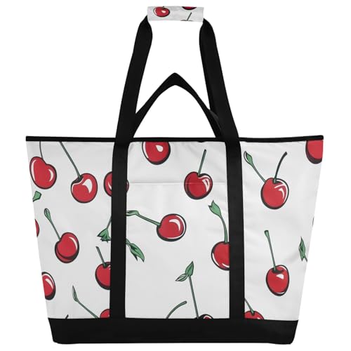 Large Insulated Tote Bag Cute Cherry White for Grocery Shopping Reusable Tote Bags for Women Men, Cooler Bag with Zippered Top & Handles for Beach Picnic Travel
