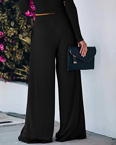 Wusenst Wide Leg Pant Suits For Women Elegant 2 Piece Solid Outfits Long Sleeve Crop Top High Waist Long Pants With Pockets #TOP6