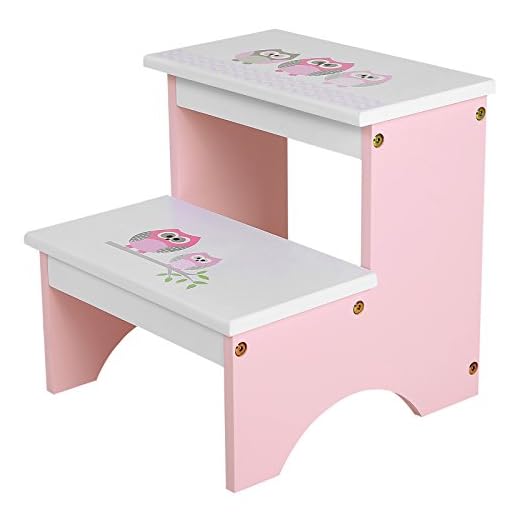 SONGMICS Children Step Stool, Wood Bed Steps for Kids, Owl Theme in Bathroom Closet Kitchen Toilet Pink and White ULKF02PK