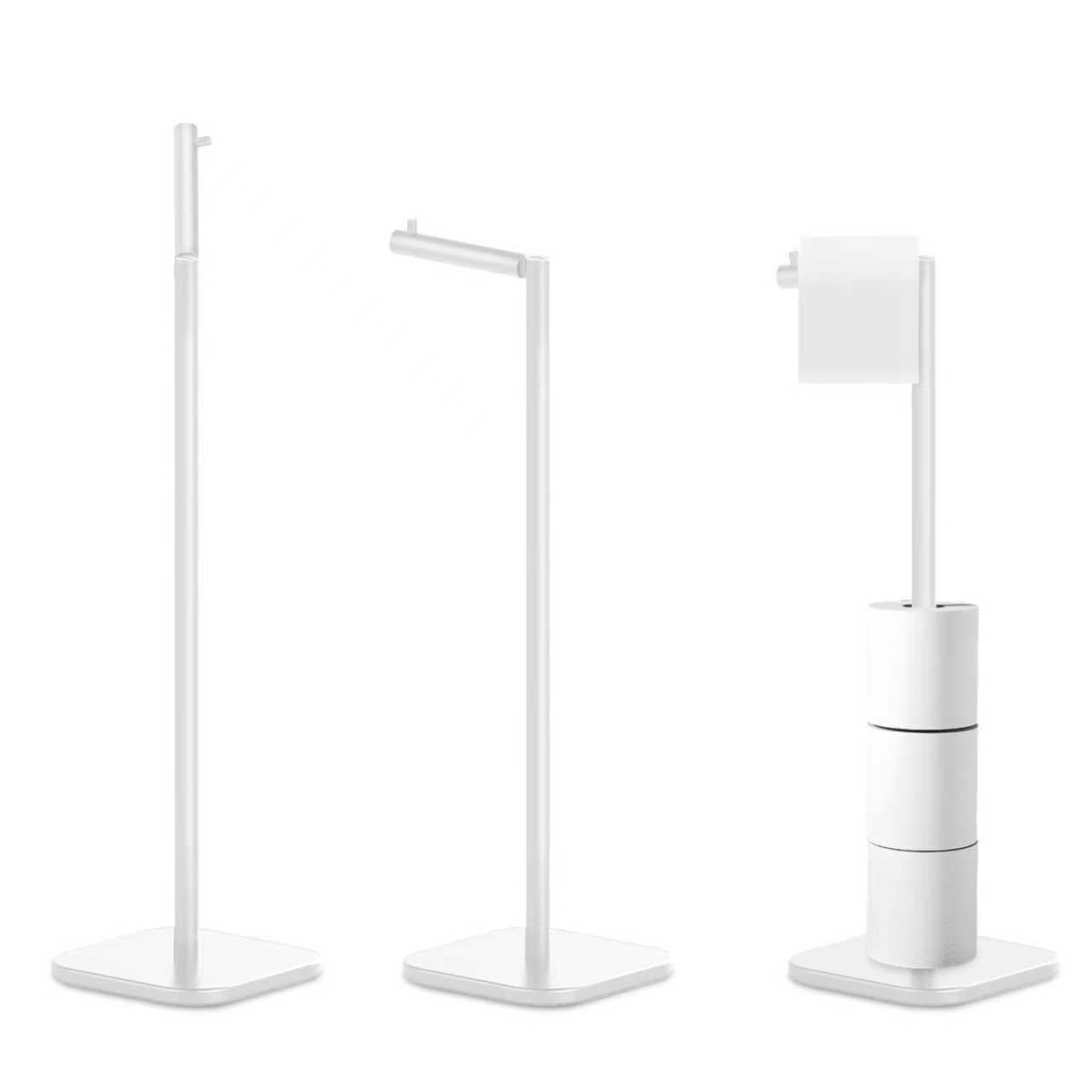 Toilet Roll Holder Free Standing with Heavy Duty Base, Stainless Steel Toilet Roll Holder for 6 Rolls, Stylish Chrome Finish, Practical Design Toilet Roll Storage Stand for Bathroom (White)
