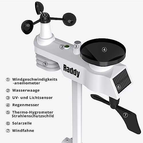 Foto von Raddy WF-100C Wetterstation mit Außensensor Funk, 14-IN-1 Wlan Innen-Außenthermometer mit 8 Zoll Digital Farbdisplay, Windmesser Regenmesser Solarsensor für Zuhause, Büro Hausgarten