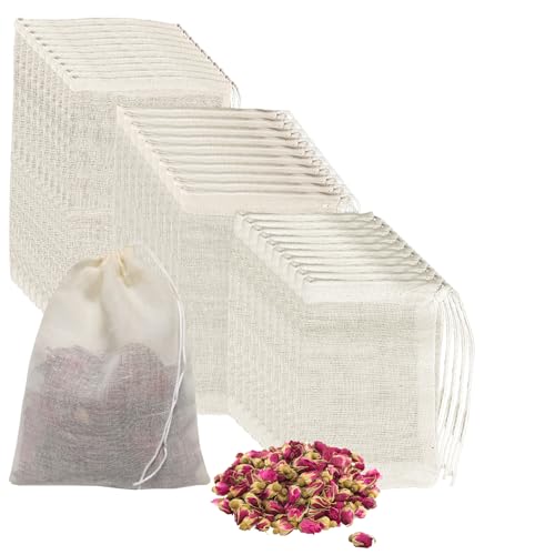 jatimdotin 30 Piezas Bolsas para Te, Bolsas de Especias, Bolsas de Especias para Cocinar, Reutilizable Bolsas de Te Vacias con Cordón, Bolsas de Té de Algodón para Té, Especias, Café (3 Tamaños)