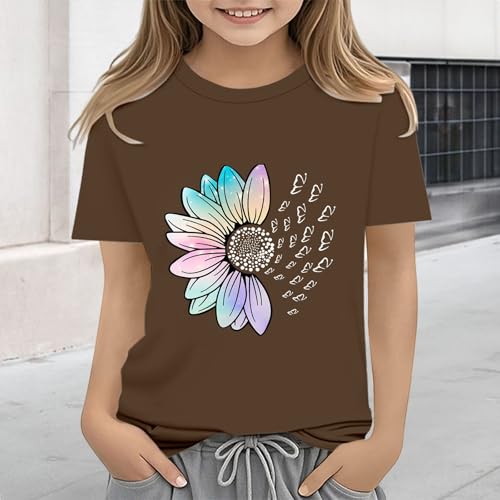 Girls Loose Fit Sunflower Graphic T Shirts Short Sleeve Crewneck Cute Pattern Printed Tops Kids (A-Coffee, 12-13 Years)4