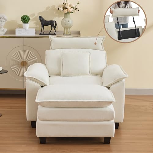 Image of 46''Cloud Oversized Sofa Chair with Detachable Headrest, Upholstered Comfy Arm Accent Chair with Ottoman,Modern Chenille Reading Lounge Armchair for Living Room,Bedroom, Beige