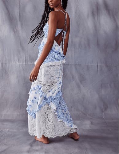 Image of SOOKABEILA Women Y2k Boho Maxi Dress Floral Lace Sheer Tiered Flowy Cami Long Dress 2025 Summer Smocked Beach Sundress