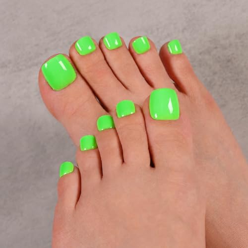 Nail Reformation Press On Toenails, Sour Apple | Neon Green Short Square Fake Toe Nails with Glossy...