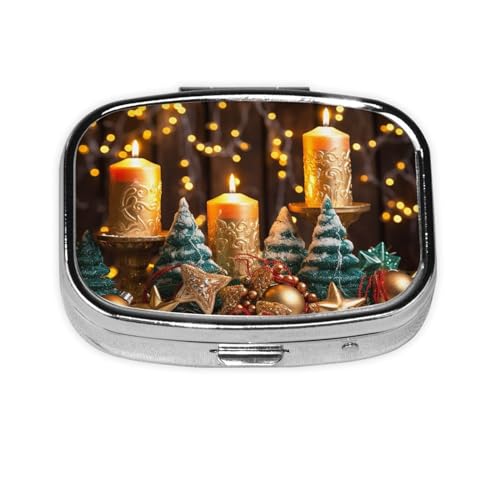 ピルボックス クリスマスツリー キャンドル スクエア ピルケース ミニ メタル トラベル ピルボックス 財布用 小型 かわいい 2コンパートメント 薬 ピルオーガナイザー ポータブル ピルコンテナ ホルダー 毎日の薬 ビタミン