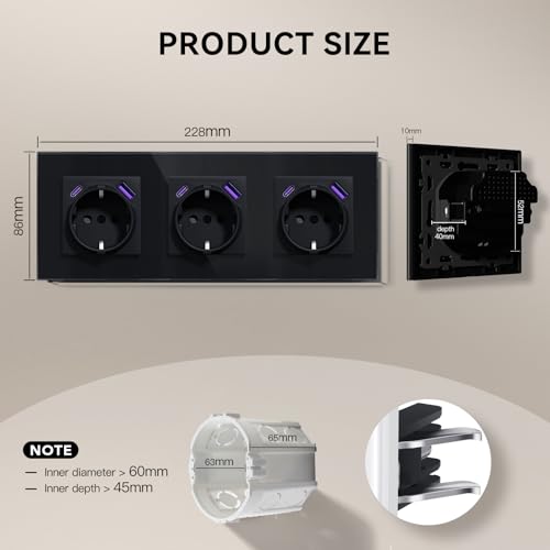 BSEED Steckdose mit USB C 20W, Schnellladen Wandsteckdose mit Krallen, EU-Standard Einbausteckdose Unterputz, Einfach Montage, 16A 250V, NEU E-Serie,3 Fach,228mm Schwarz