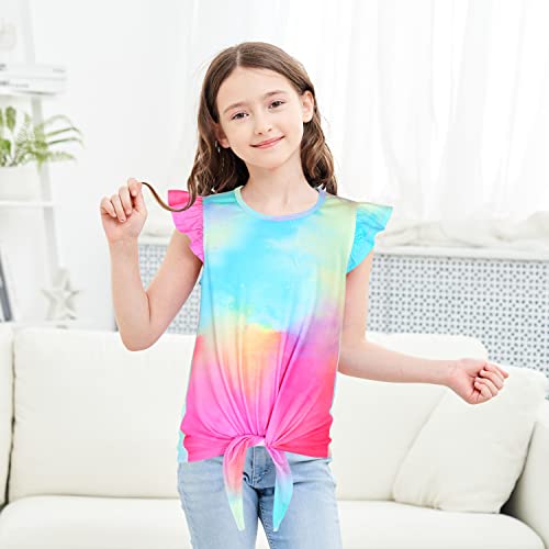Image of JESKIDS Girls Short Sleeve Shirts Ruffle Tie Front Unicorn /Tie Dye Print Summer Tee Tank Tops 3-11 Years