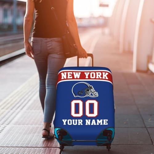 Image of Custom New York Luggage Cover Personalized Football Style Suitcase Cover with Name Number Customized Washable Elastic Sports Travel Suitcase Protector for Business Vacation Gifts
