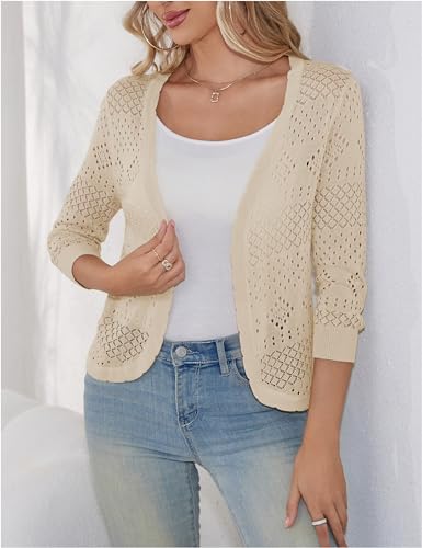 REDHOTYPE Women's 3/4 Sleeve Cardigan Open Front Cropped Shrugs Summer Hollowed Lightweight Cardigans Sweater (S-XL)3
