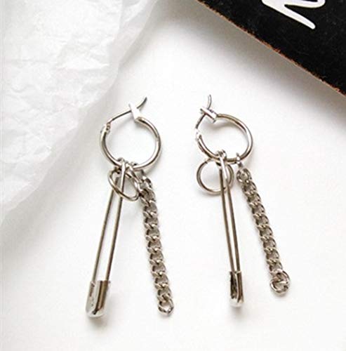 Safety Pin Chain Tassels Dangle Earrings Punk Silver Pin Dangle Earring with Hoop Jewelry for Men and Women (Silver)3