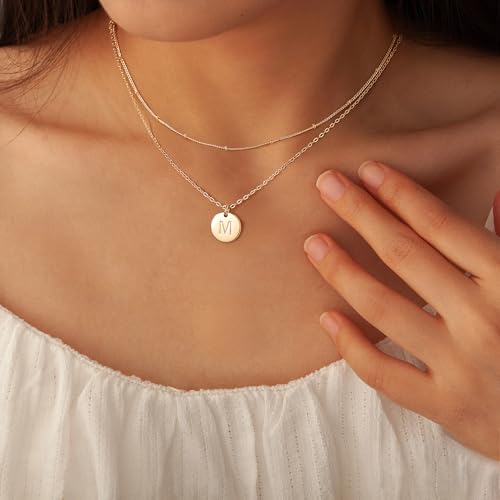 IEFWELL Initial Necklaces for Women Girls - 14K Gold-Plated Silver Double Side Engraved Hammered Coin Necklaces, Layered Necklace Jewelry Pendant for Teen Girls3