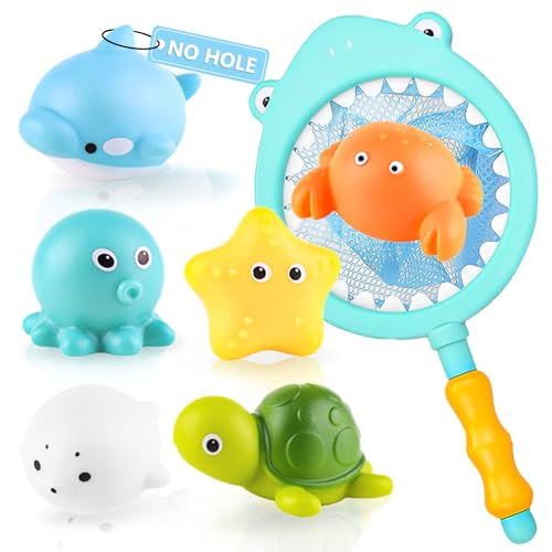 wokdsbl Juego de 7 juguetes de baño para bebé, sin agujeros, sin moho, juguetes de baño para bebés de 1 a 4 años, juguetes acuáticos antimoho con red de pesca para niños y niñas, ducha y bañera