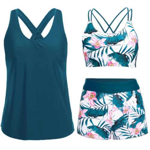 Image of Women's 3 Piece Tankini Swimsuit Tummy Control Bathing Suit with Boy Shorts