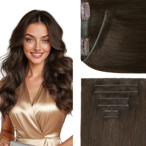 GOO GOO Genius Clip in Hair Extensions, 18inch 120g 7pcs, Seamless PU Clip in Hair Extensions, Virgin Real Human Hair, #4A Chocolate Brown
