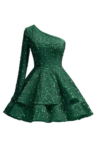 Short Sequin Homecoming Dresses Tiered One Shoulder Long Sleeve Sparkly Mini Cocktail Party Gown