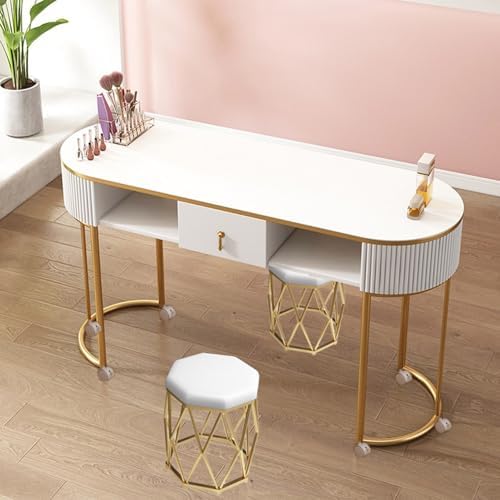 Stylish Manicure Table Station - Modern Nail Tech Salon Spa Desk with Drawers - Functional Wooden Design for Nail Artists & Beauty Professionals,Gold Awooden Top,80cm Table