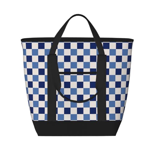 Grand sac isotherme doux au motif écossais bleu et blanc durable