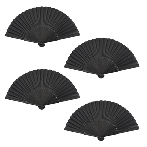 AolKee Lot de 4 éventail, ventilateurs pliés à la main, eventail noir, en tissu noir, pour festival, fête, cosplay, danse, mariage, décoration murale