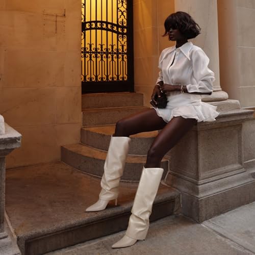 Image of Vaslemuse Womens Fold Over Knee High Boots Pointed Toe Sexy Slouch Boots | Slouchy long boots, Stiletto high heels, Closed toe, Sping fall boots, High heel boots, Side zipper