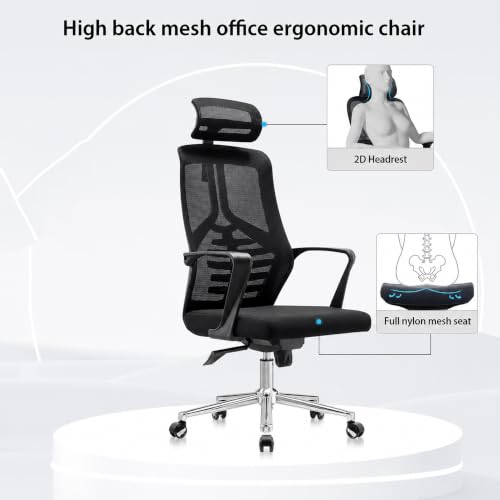 Image of Ergonomic High Back Mesh Office Chair with Headrest - Black Revolving Executive Desk Chair with Breathable Mesh Back, Fixed Armrest & Chrome Base for Home & Office