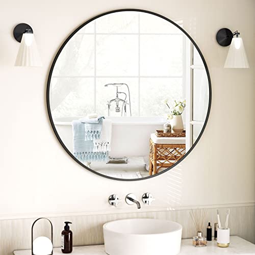 Image of VooBang Round Mirror 23.6 inch Black Wall Mounted Circle Mirrors Vanity Mirror with Aluminum Alloy Frame Modern Decoration for Bathroom, Living Room, Vanity, Bedroom, Entryway