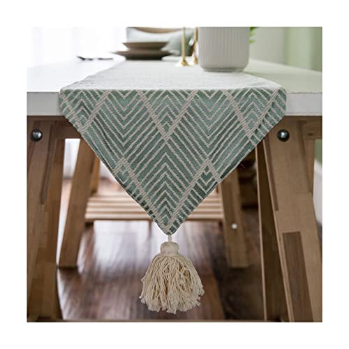 Agobel Chemin de Table Automne, Chemin de Table Vert Tissu Polyester Vague avec Pompon Tischlaufer Vert 220X30CM(87"X12") Cover