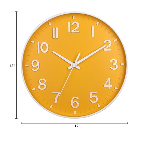 Image of HZDHCLH Yellow Wall Clocks Battery Operated,12 inch Silent Non Ticking Modern Wall Clock for Living Room Bedroom Kitchen Office Classroom Decor