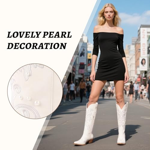 Mid Calf Pearl Cowboy Boots for Women Embroidered Cowgirl Wedding Boots With Chunky Heel and Side Zipper Comfortable Western Boot For Prom Party Country Night2