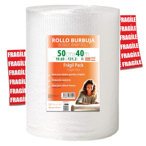 OFITURIA Papel Burbujas Embalaje 50cm x 40m – Pack Frágil con 12 Etiquetas FRÁGIL – ideal para embalaje, papel burbuja, mudanza, bubble wrap