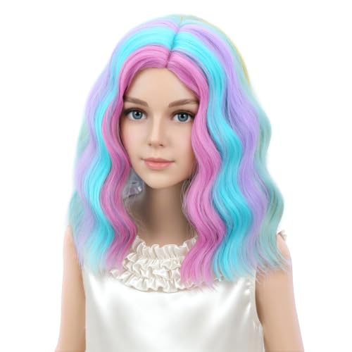 Image of PATTNIUM Kids Child Rainbow Wig Short Wavy Colorful Wig Multicolor Wigs Girls Synthetic Cosplay Halloween Party Costume Wigs
