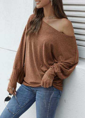 Image of Aifer Women's Off The Shoulder Tops Sexy Long Sleeve Shirts Oversized Fashion Casual Batwing Sweaters Pullover Tunic Tops