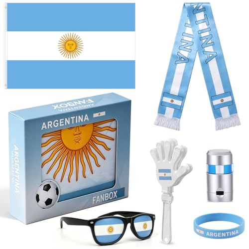 2026 World Cup Argentina Fan Kit Cheer Set with Argentina Flag Sunglasses Banner Hand Clapper Wristband & Face Paint Reusable for Family Watch Stadium Bar Parade & Holiday Party (Argentina)