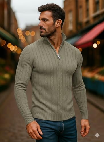 Image of TYSORT Men High Neck Zipper Full Sleeve Cable Knitted Winter Sweater,Cable Knit Sweater for Men