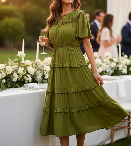 Image of Women's Short Sleeve Summer Boho Pleated Rayon Mid Dresses with Pockets for Wedding Guest