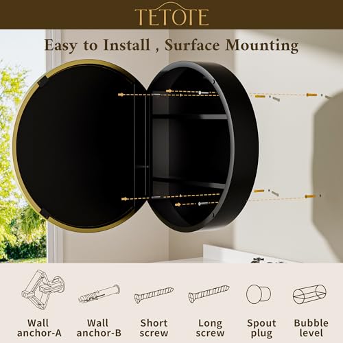 Image of TETOTE Gold Round Bathroom Medicine Cabinet with Mirror 24 x 24 Metal Framed Medicine Cabinet with Storage Adjustable Shelves Farmhouse Wall Mirror with Storage Surface Mounted