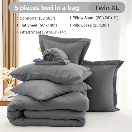 MUXHOMO 5 Pieces Twin XL Comforter Set, Soft Bed in a Bag Twin XL Size, All Season Bedding Set with Comforter, Flat Sheet, Fitted Sheet, Pillowcases & Shams, Dark Grey