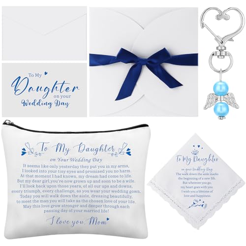 SilTriangle 6 Pcs Wedding Gift to Daughter from Mother Include Embroidered Handkerchief Bride Angel Charms Card Makeup Bag Petal Envelope Blank Envelope for Wedding Day Bridal Shower Keepsake