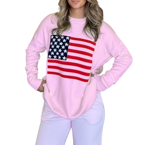 Image of Womens American Flag Sweater Long Sleeve Crew Neck Star Graphic Knit Pullover Tops Casual Loose USA Sweater