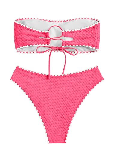 Image of ZAFUL Women's High Cut Bandeau Bikini Set Strapless Solid Color 2 Pieces Bathing Suit Swimsuit (9-Rose Red,M)