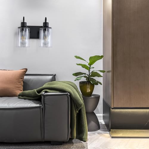 Image of Matte Black Bathroom Light Fixtures Over Mirror,2-Light Bathroom Vanity Light with Clear Glass Shade,Modern Farmhouse Wall Sconces Lighting for Kitchen Living Room Bedroom Cabinet