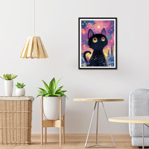 Image of HEIBAGO Starry Night Cat Diamond Art Kits for Adults, Animal Diamond Painting Kits for Adults Beginners, 5D Full Drill Round Diamond Art Painting,DIY Diamond Dots for Adult for Home Wall Decor 12x16In