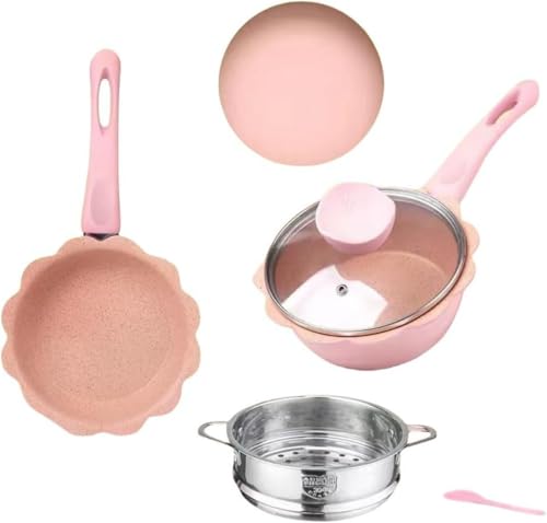 Arfobug ベビーフードポット、小さなミルクポット、日本の医療用石ノンスティックポット、家庭用蒸し、煮る、揚げる子供用万能ポット、4つのノンスティックポット、ベビーノンスティック揚げ物と煮物が一体化した小さなミルクポットセット、多機能万能スープポット