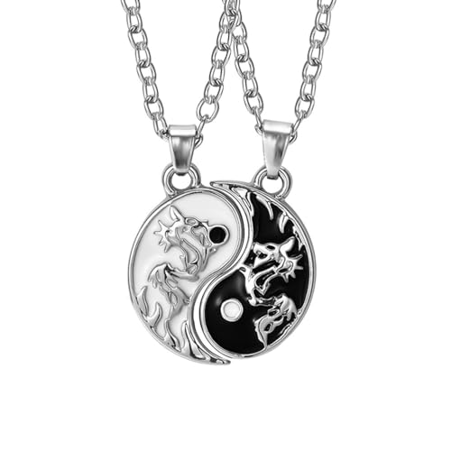 MiaLover Lot de 2 colliers Yin Yang Taichi BFF - Pendentif noir et blanc avec sculpture de dragon - Pour meilleurs amis, amoureux et cadeaux de couple, Gemme