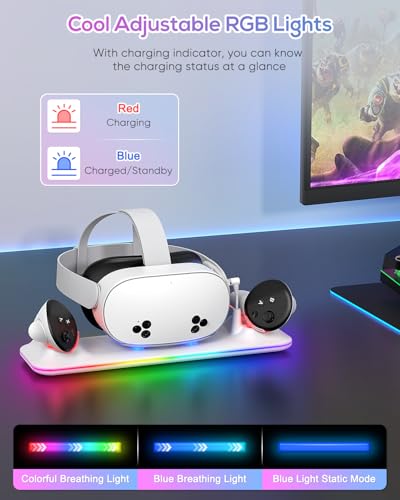 Charging Dock for Meta Quest 3S/Quest 3, Kinwin PD 18W Fast Charging Station for Oculus 3S Accessories with RGB Light, Magnetic Charger Stand for Headset/Controller with 2 Rechargeable Batteries - Image 5