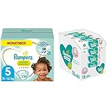 Pampers Baby Windeln Größe 5 (11-16kg) Premium Protection, 136 Stück, MONATSBOX & Sensitive Baby Feuchttücher, 1200 Tücher (15 x 80) Für Empfindliche Babyhaut, Dermatologisch Getestet
