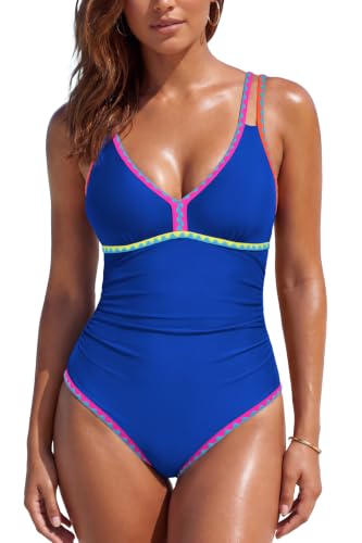 SHEKINI Traje de Baño para Mujer 2026 Color Neón Bloques de Color Tirantes Cruzados en Contraste Estilo Modesto（L，Azul Real）
