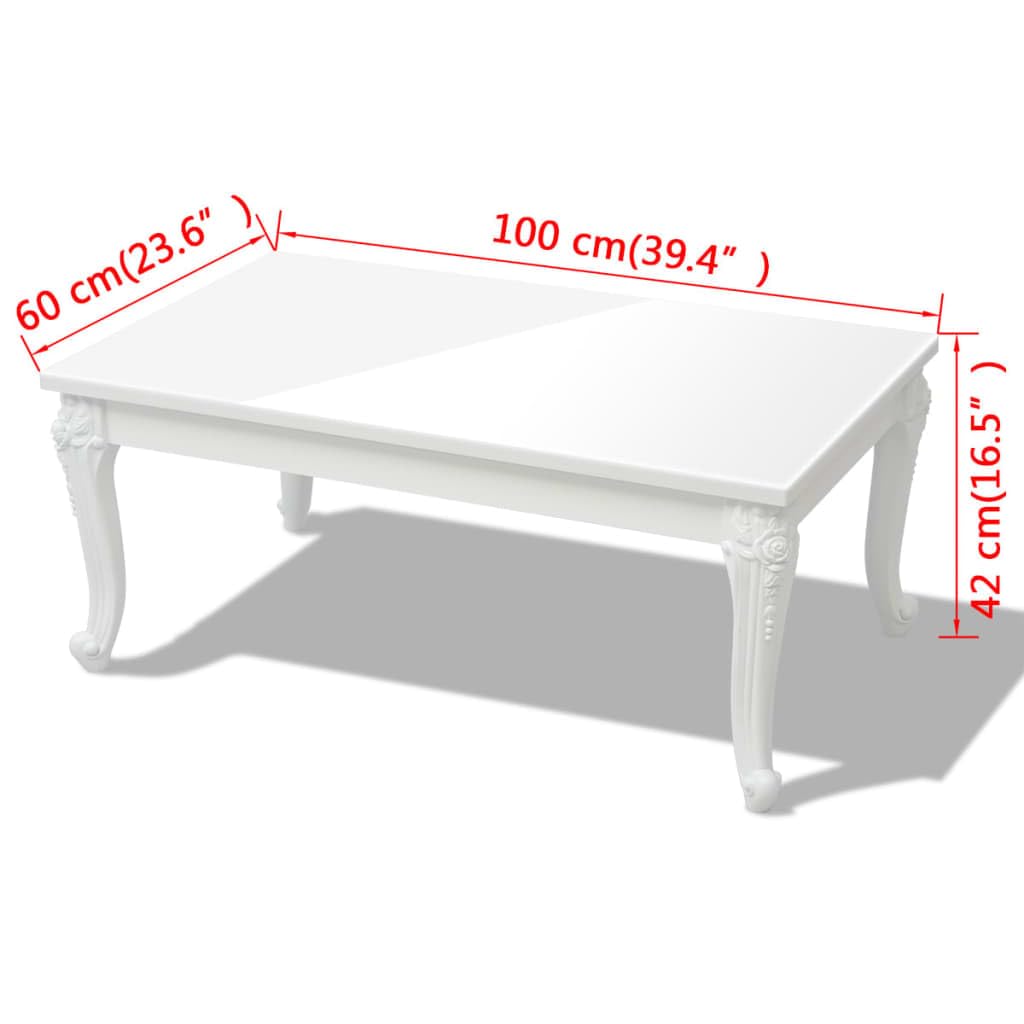 Générique Lakierowany stolik kawowy biały błyszczący 100x60x42 cm MDF | 4 stabilne nóżki z tworzywa sztucznego, wzór rzeźby drewnianej, łatwe do czyszczenia, do użytku w salonie lub jako dodatek