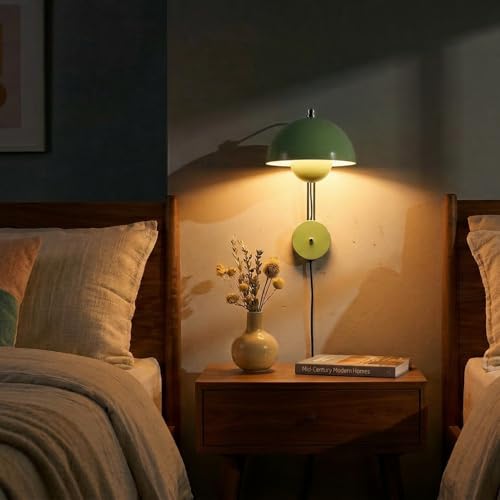 Image of Mid-Century Modern Bud Plug in Wall Sconces for Bedroom, Pastel Green | Indirect lighting reading wall lamp, all-metal construction, plug-in or hardwired install, fits bedroom bedside, living room